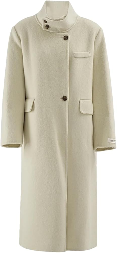 Amazon.com: Women's Beige Plus Size Long Thick Woolen Coat Stand